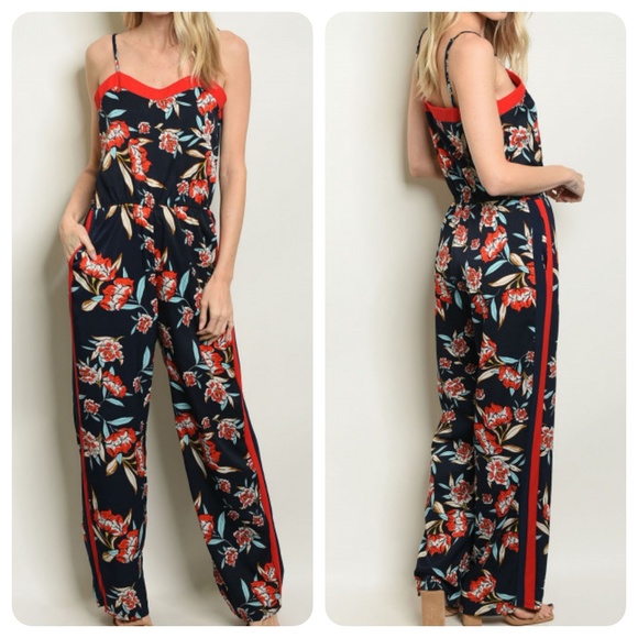 Pants - NAVY RED FLORAL JUMPSUIT